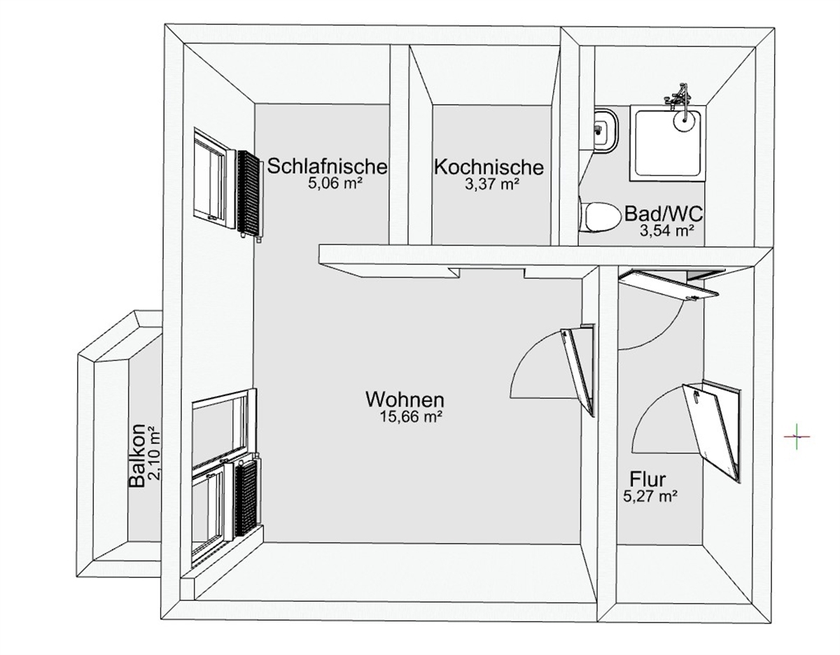 Grundriss der Wohnung: Barrierearme 1-Raumwohnung mit Dusche, Aufzug